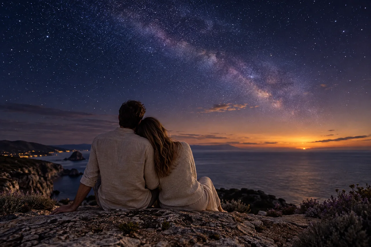 Zwei Menschen sitzen eng beieinander und blicken über das Meer in den Sternenhimmel.