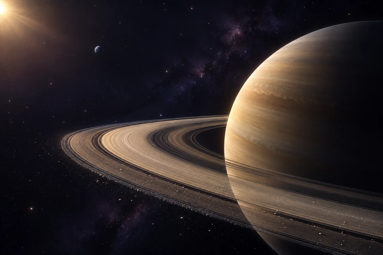 Saturn mit feinen Ringen im warmen Licht vor dunklem Weltraum.