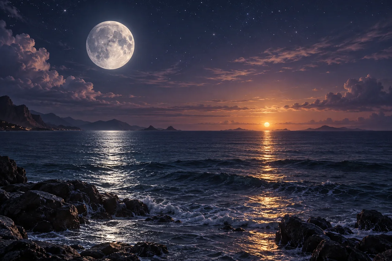 Poetische Darstellung von Sonne und Mond über einem Meer mit goldenen und silbernen Lichtspuren.